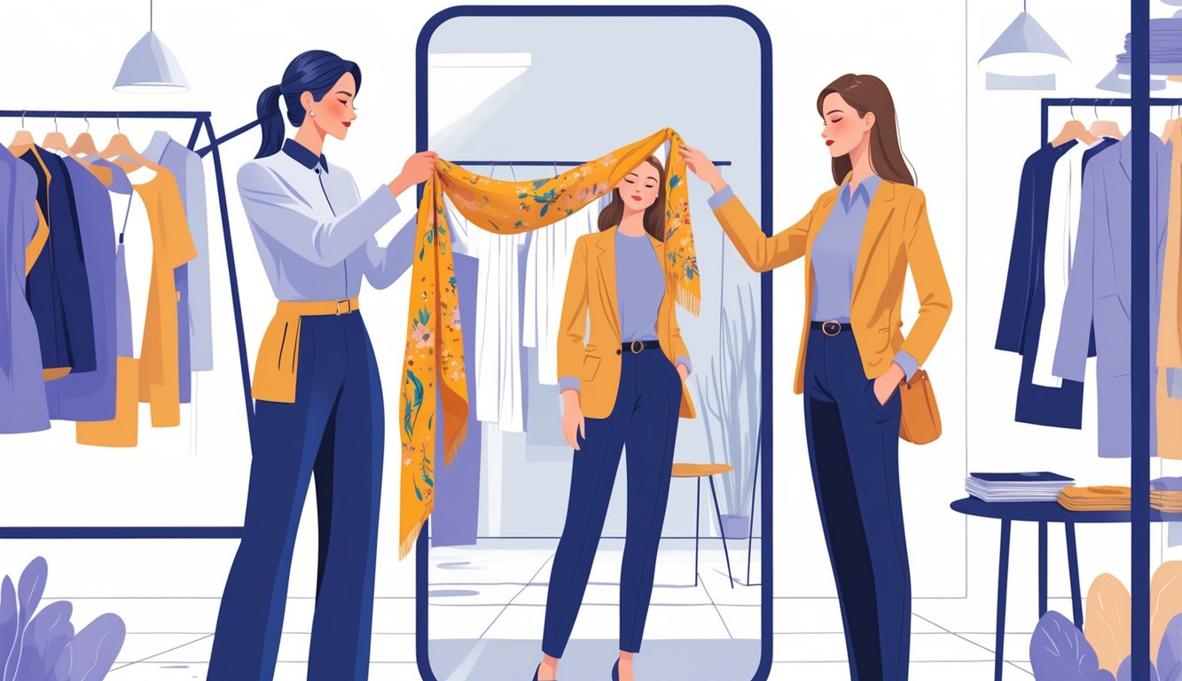 A personal stylist assisting a client by adding an accessory to their outfit in a stylish studio with clothing racks and a full-length mirror.