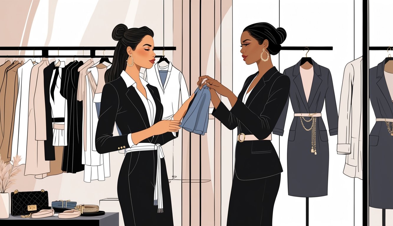 A personal stylist helping a client choose clothing in a boutique with racks of clothes and a mirror.