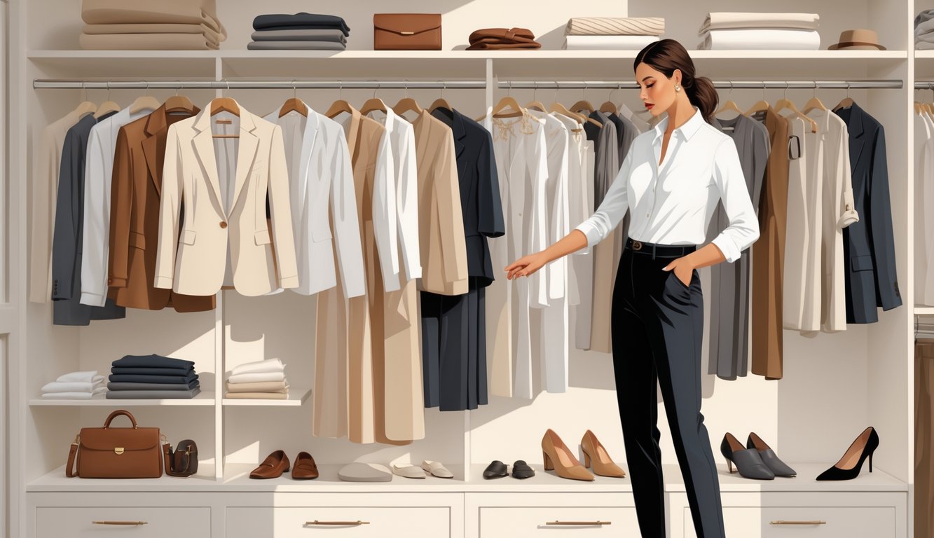 A personal stylist arranging a capsule wardrobe with versatile clothing and accessories in a well-organized closet.