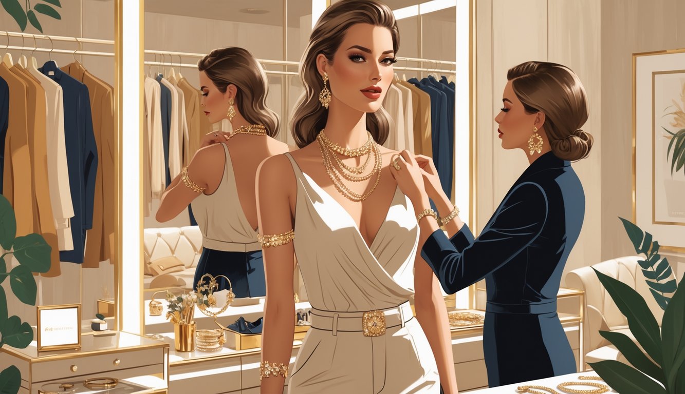 A woman in a stylish outfit is having her jewelry adjusted by a personal stylist in a modern dressing room filled with clothing and accessories.