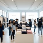 A modern clothing store with people browsing basic apparel featuring subtle trendy patterns.