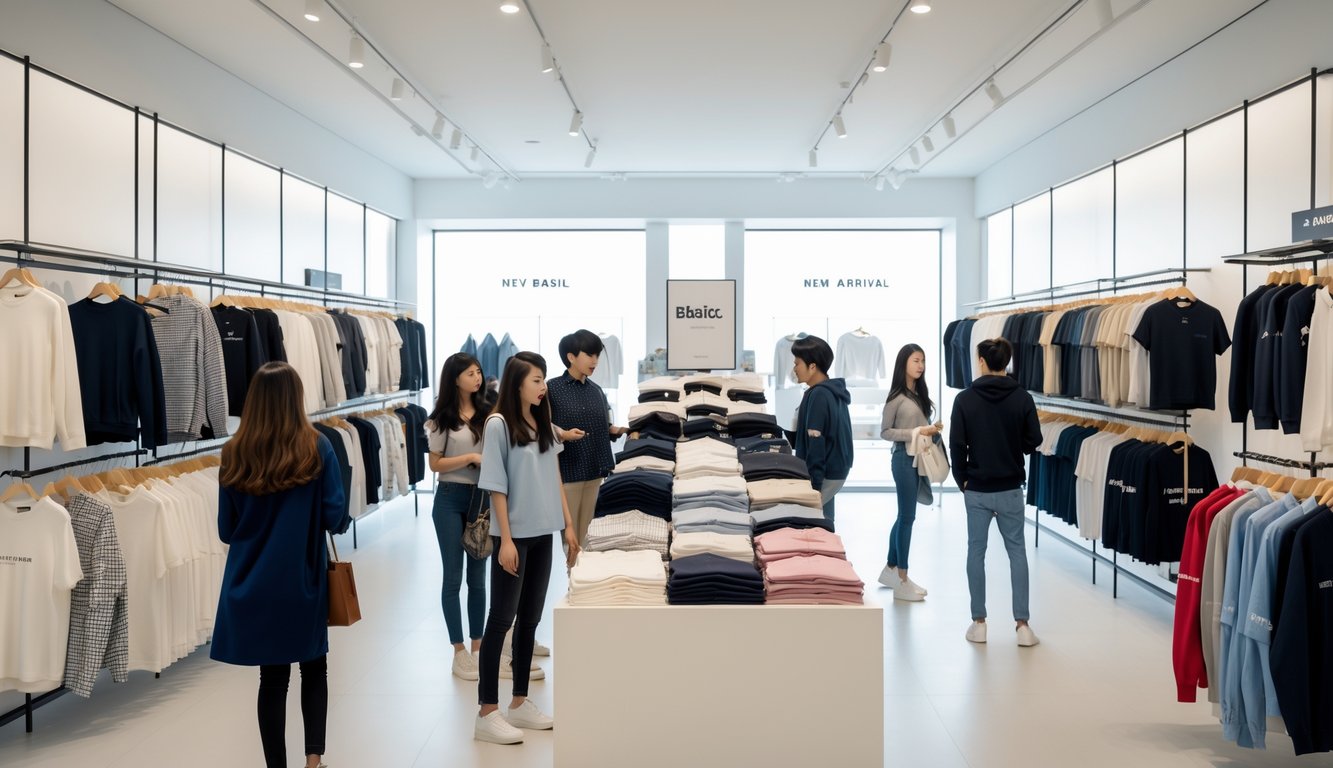 A modern clothing store with people browsing basic apparel featuring subtle trendy patterns.