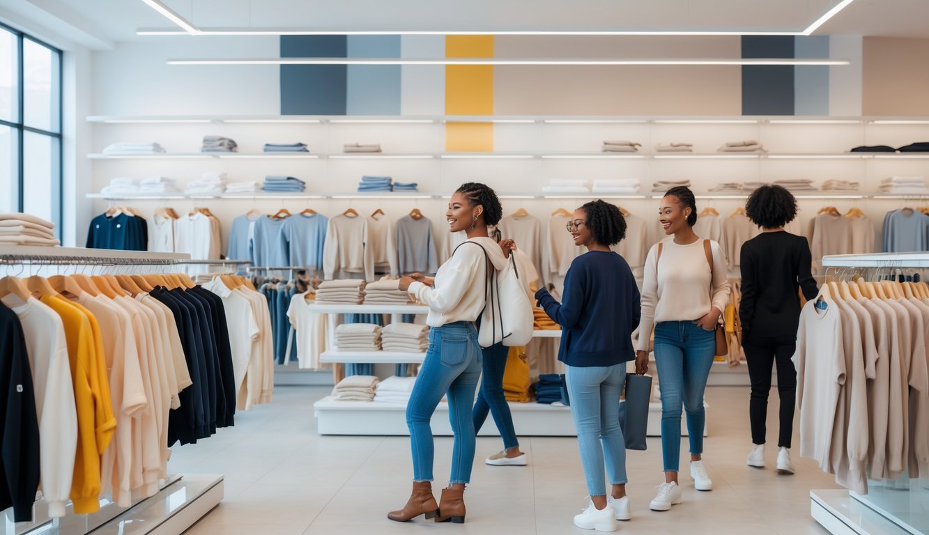Shoppers browsing and selecting basic clothing items like plain t-shirts and jeans in a bright, modern retail store.