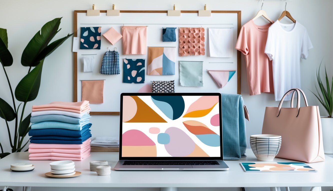 A modern workspace with a laptop showing colorful pattern designs, surrounded by plain clothing items and fabric samples on a desk.