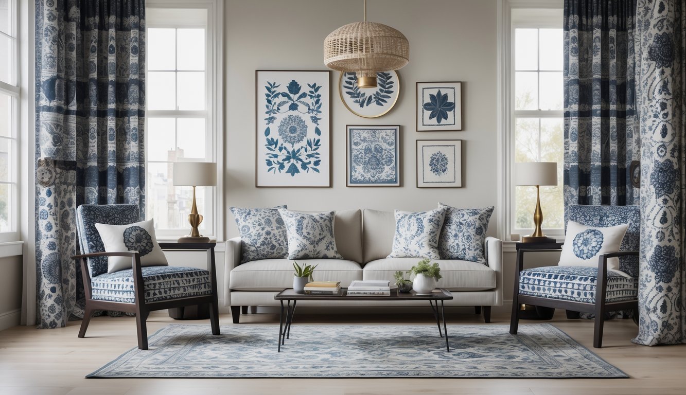 A modern living room with patterned cushions, rugs, and curtains illuminated by natural light.