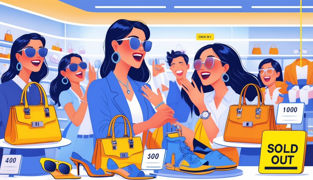 Shoppers eagerly reaching for fashion accessories on store shelves as prices rise and items sell out quickly.
