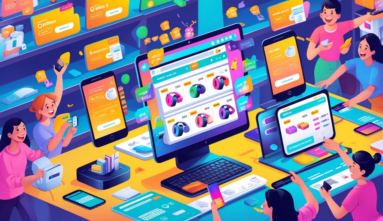 People shopping online on multiple devices with rising prices and nearly sold-out accessories in a busy digital marketplace.