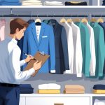 A person auditing a closet filled with neatly arranged clothes, examining garments with a clipboard while some items are highlighted to show hidden costs.