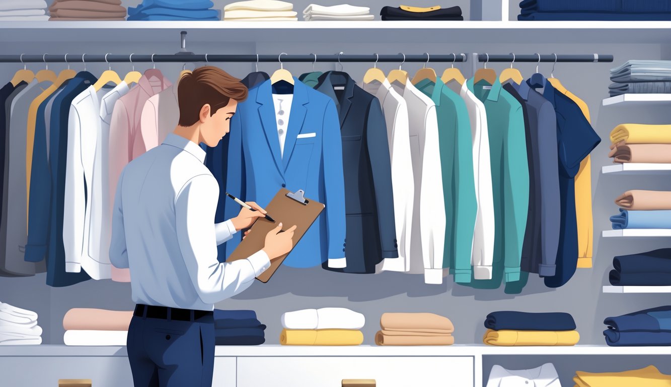 A person auditing a closet filled with neatly arranged clothes, examining garments with a clipboard while some items are highlighted to show hidden costs.