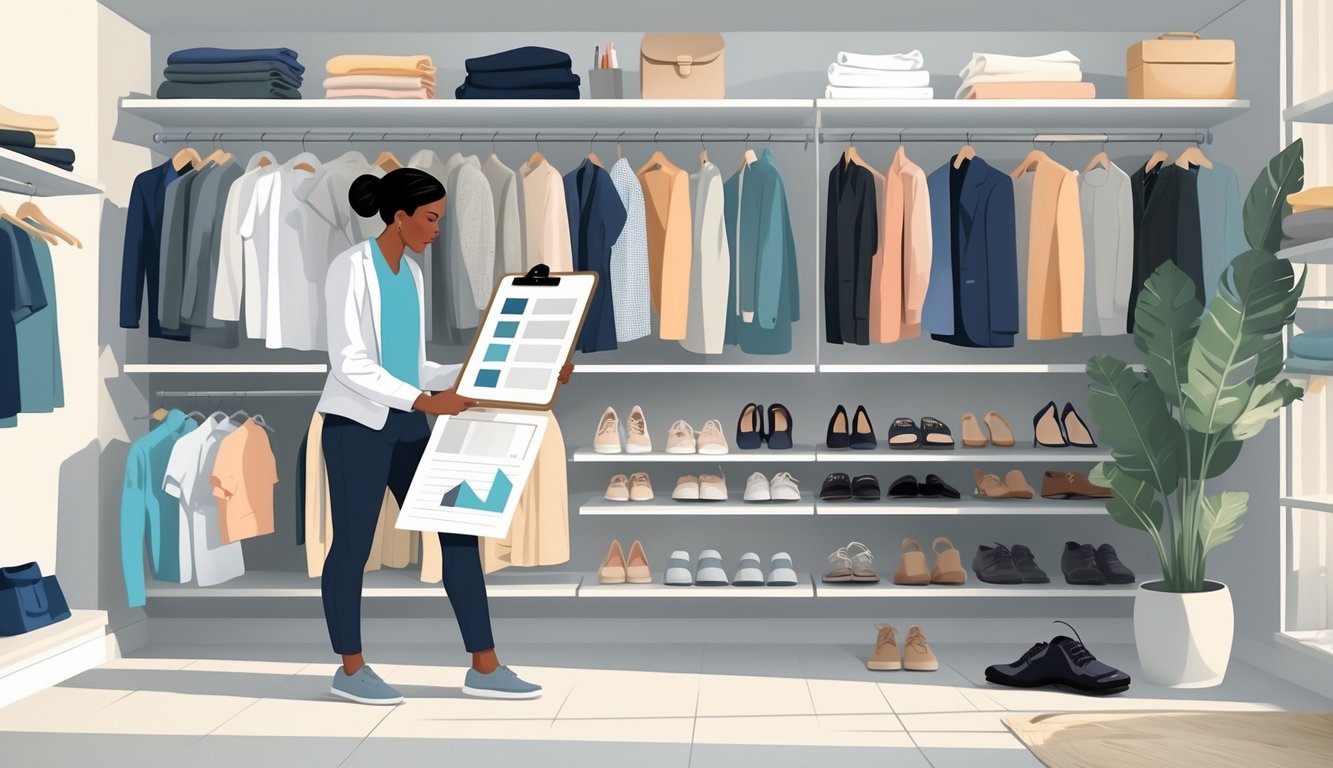 A person examining clothes in a tidy walk-in closet, holding a clipboard while assessing rarely worn clothing items.