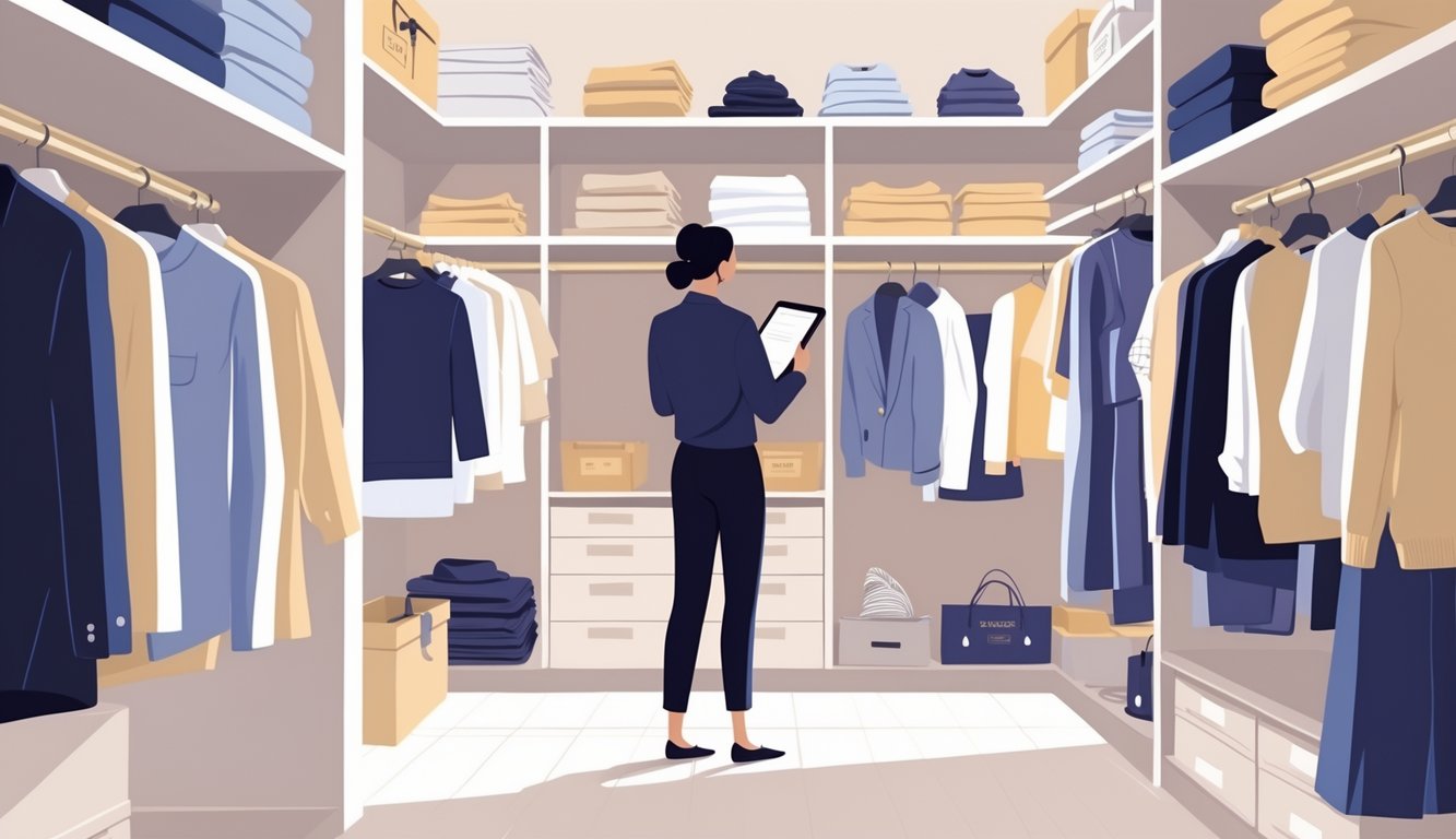A person examining a walk-in closet with neatly arranged clothes, highlighting some rarely worn items to reveal their hidden cost.