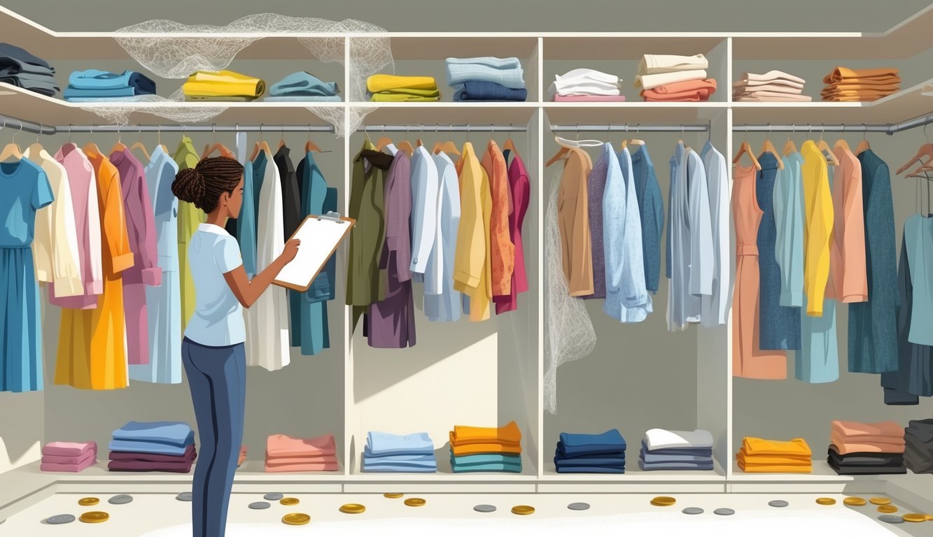 A person examining a wardrobe closet filled with various clothes, some looking worn and dusty, while others appear fresh and used.