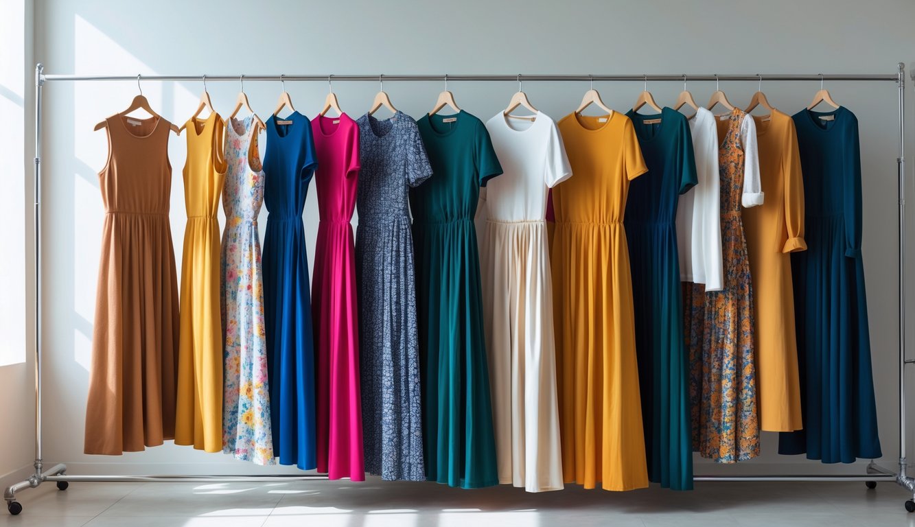 A clothing rack displaying various women's maxi and midi dresses and skirts in different colors and fabrics.