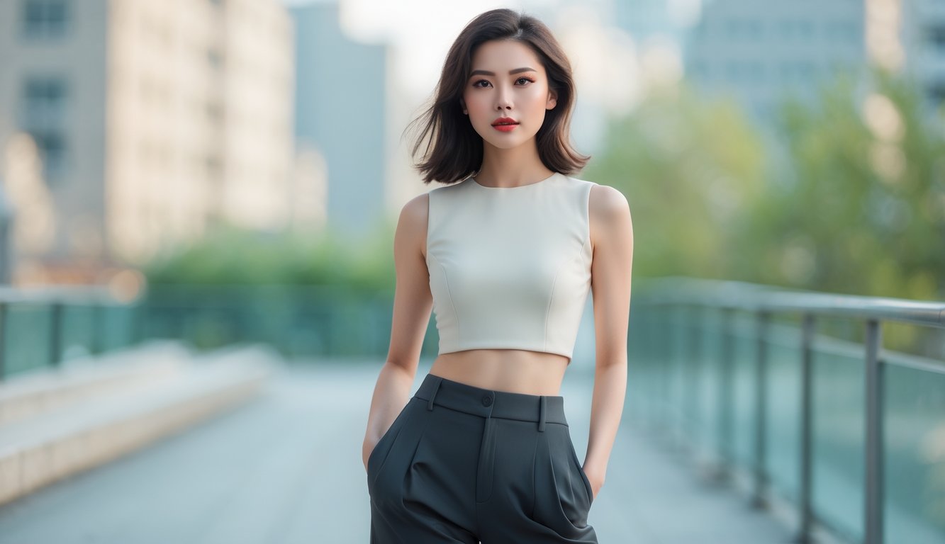 A young adult woman standing outdoors wearing a crop top and tailored pants with a blurred city background.