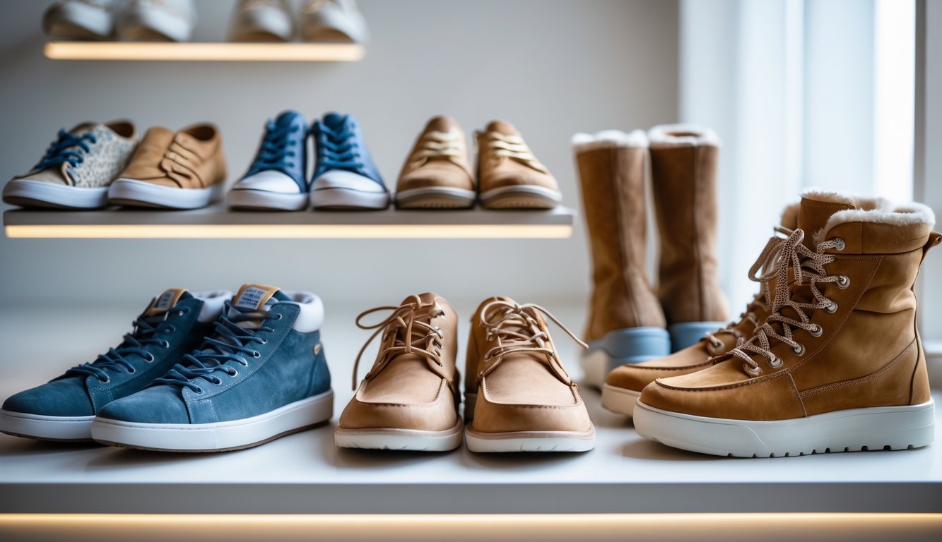 A neatly organized collection of shoes for different seasons displayed on shelves in a bright room.