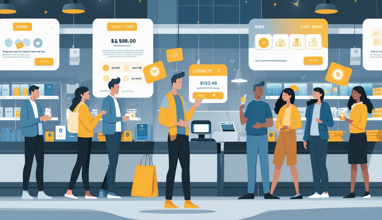 Shoppers in a retail store noticing their loyalty rewards fading or disappearing as store displays change.