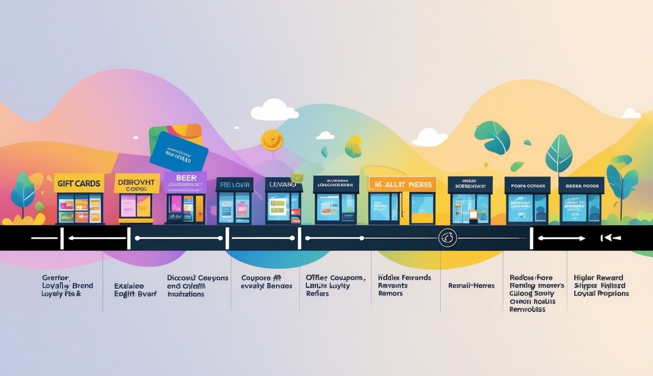 A timeline showing brand loyalty perks becoming smaller and fading as retailers update their rewards programs, with store fronts in the background.