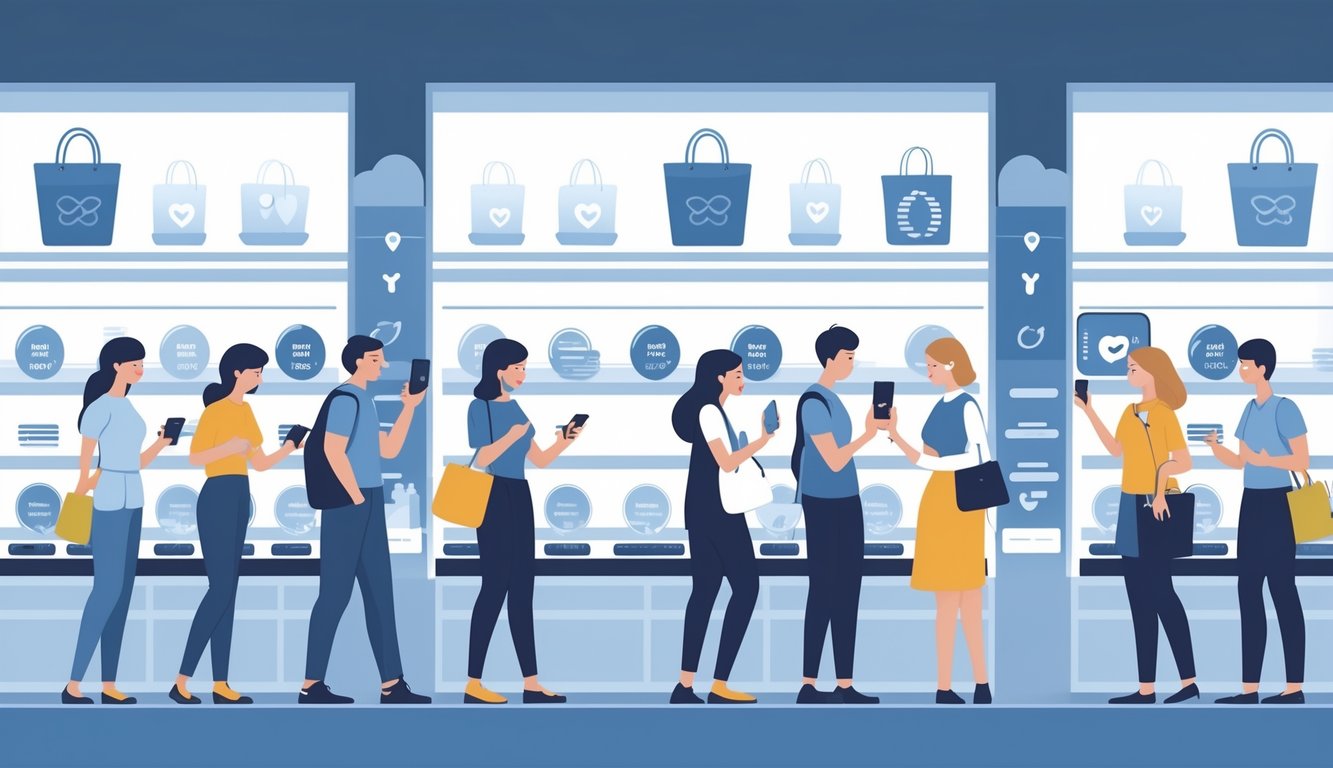 Shoppers in a retail store using digital devices to check rewards, with some appearing confused as traditional loyalty perks fade away in the background.
