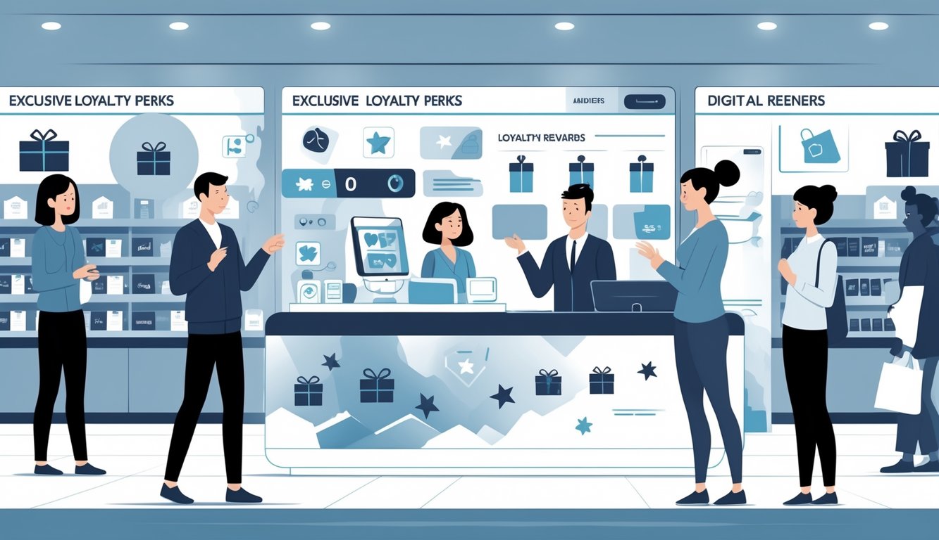 Shoppers in a retail store looking confused as a rewards display fades away and a manager adjusts a digital control panel.