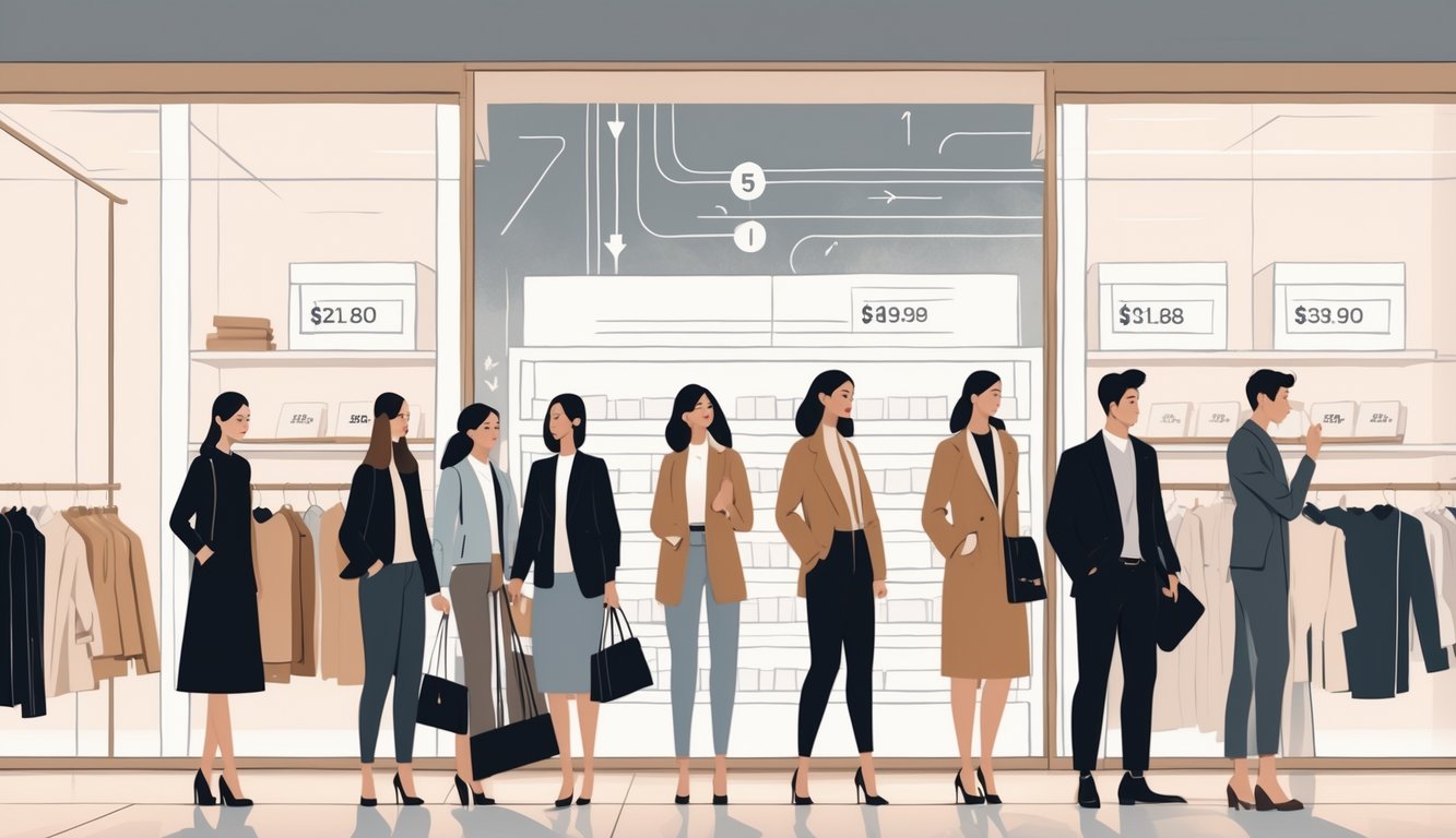Shoppers hesitating in a high-end clothing store with displays and background elements suggesting supply chain logistics.