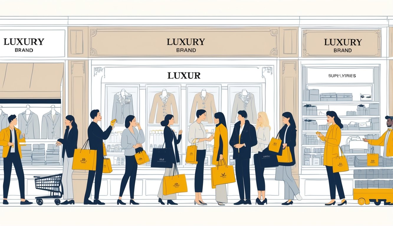 Shoppers in a luxury store pause and look thoughtfully at items as supply chain workers manage inventory in the background.