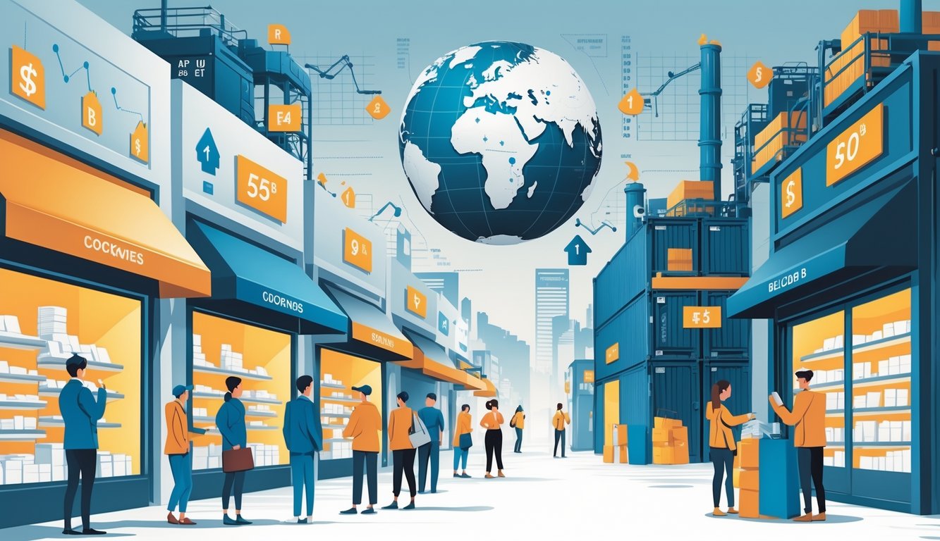 Shoppers pause outside stores with empty shelves and rising price signs, while a globe and shipping containers in the background represent global economic uncertainty and supply chain challenges.