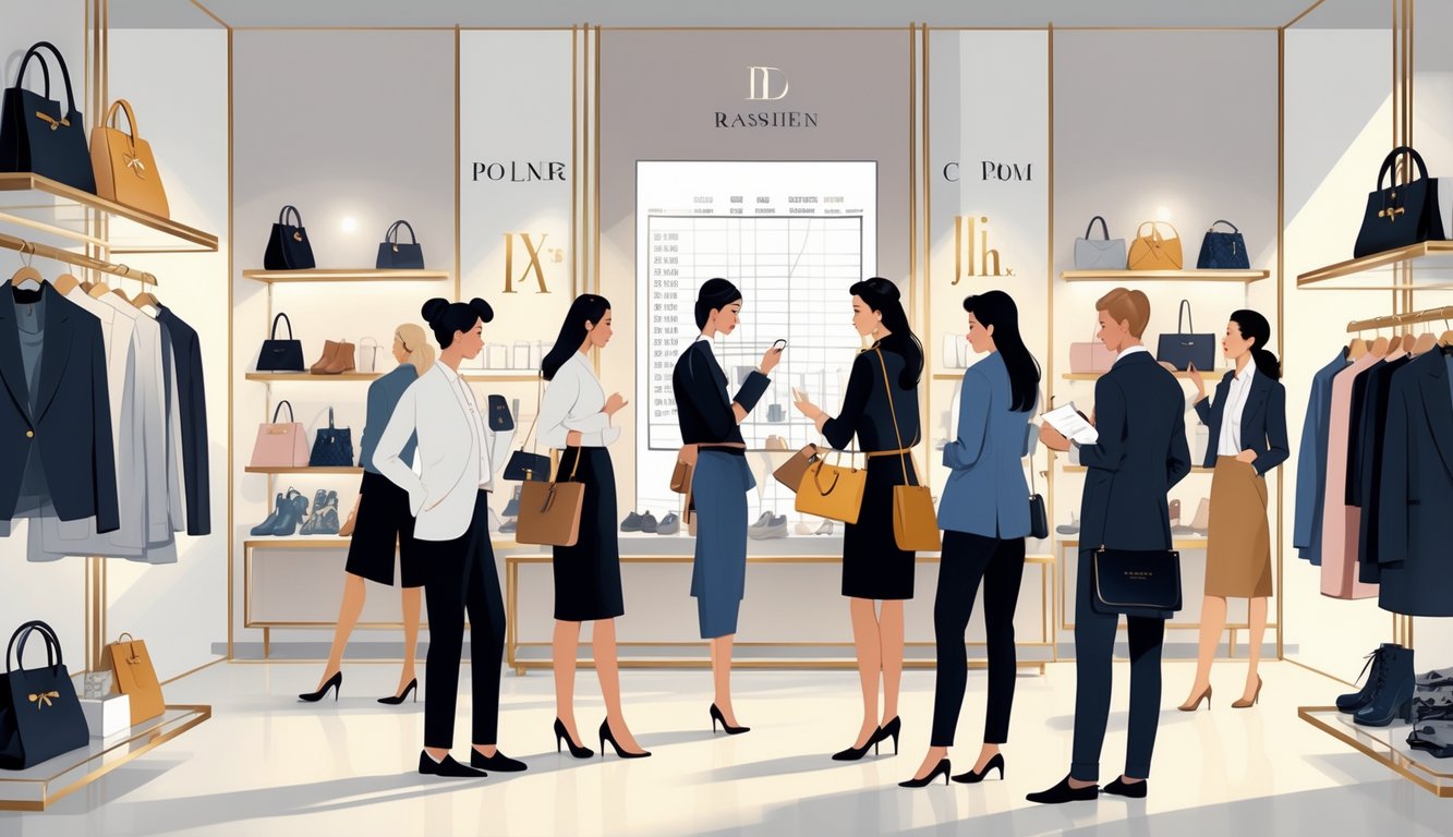Shoppers in a luxury fashion boutique hesitating to buy as industry professionals discuss supply chain changes in the background.