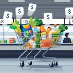 A shopping cart filled with groceries at a checkout counter showing a sudden increase in total price due to hidden fees appearing around the cart.