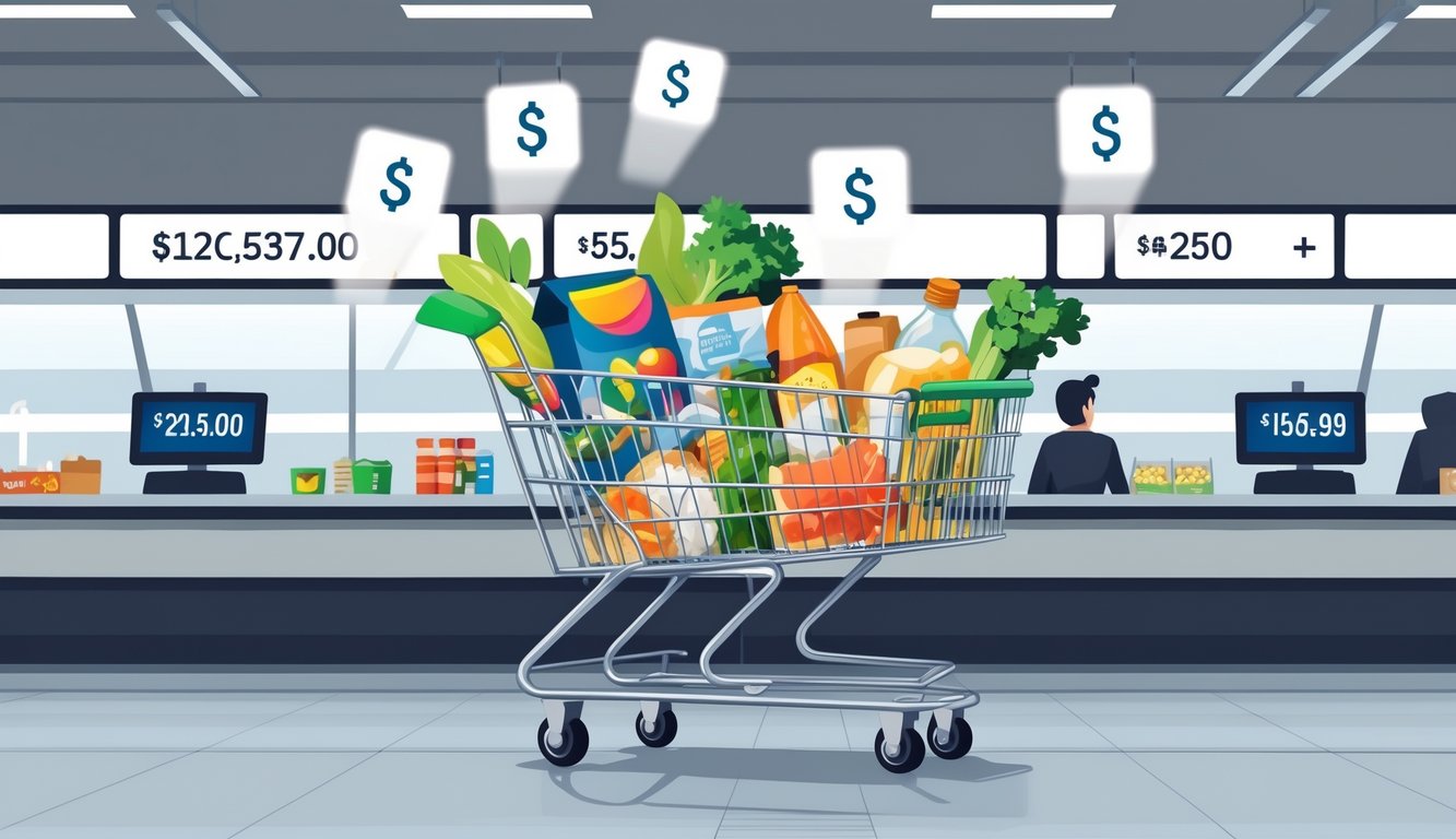 A shopping cart filled with groceries at a checkout counter showing a sudden increase in total price due to hidden fees appearing around the cart.