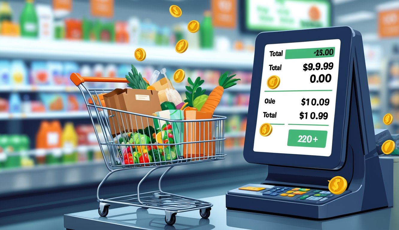 A shopper at a supermarket checkout with a full shopping cart looking concerned as small icons representing hidden fees appear around the checkout total.