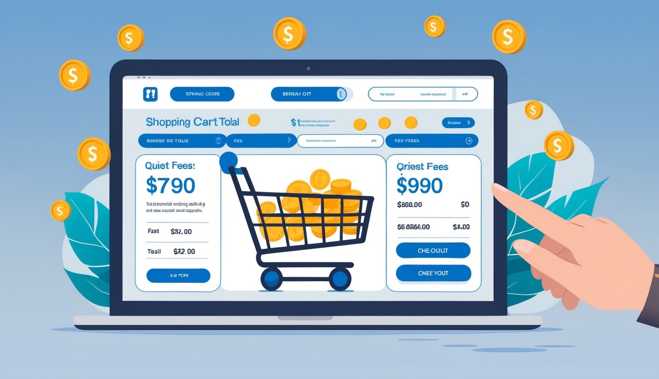 A digital shopping cart on a screen shows a sudden increase in total cost at checkout, with a hand or cursor near the checkout button and small icons representing hidden fees appearing around the total.
