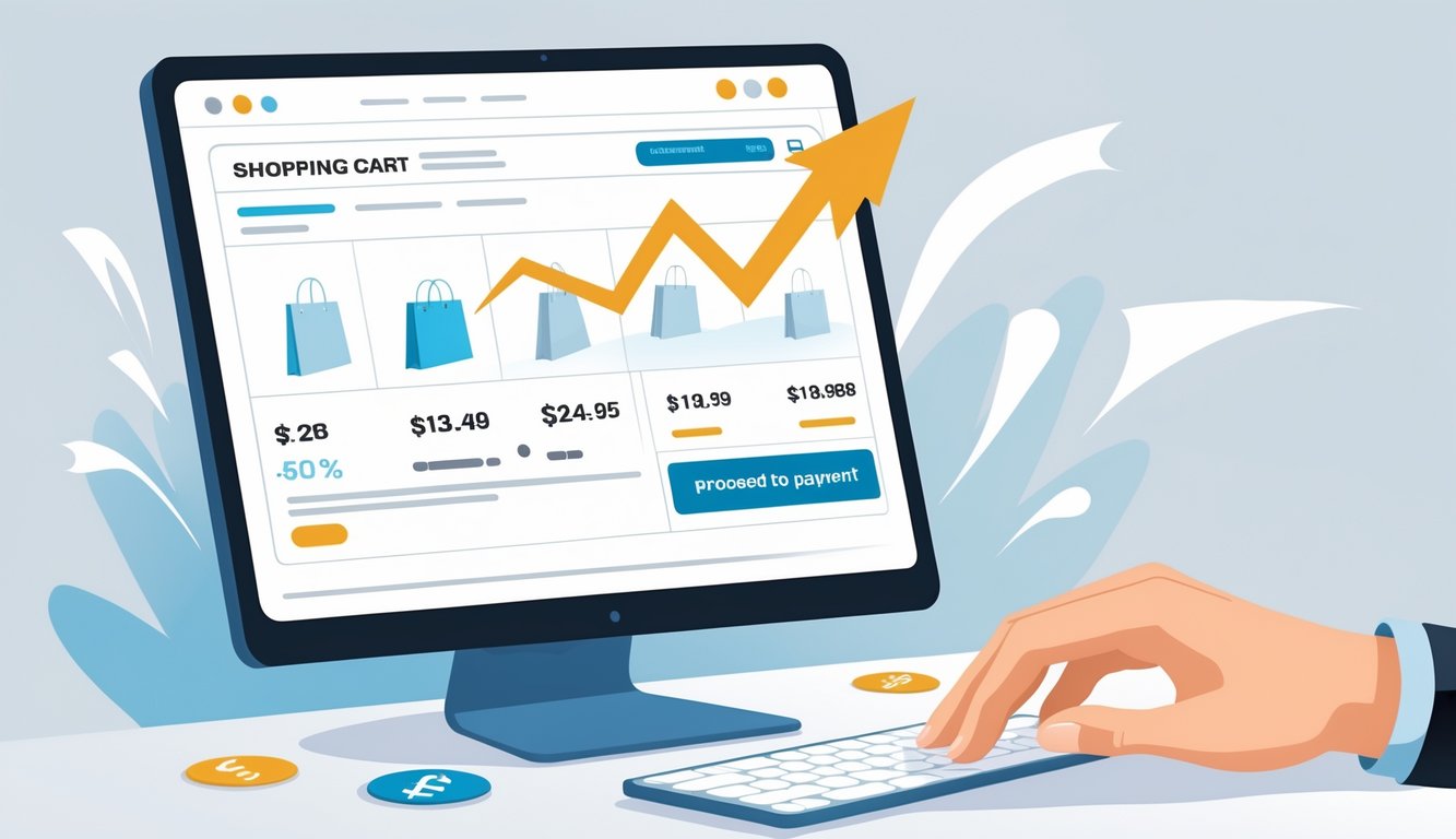 A person hesitates at an online shopping cart checkout as the total price suddenly increases due to hidden fees appearing on the screen.