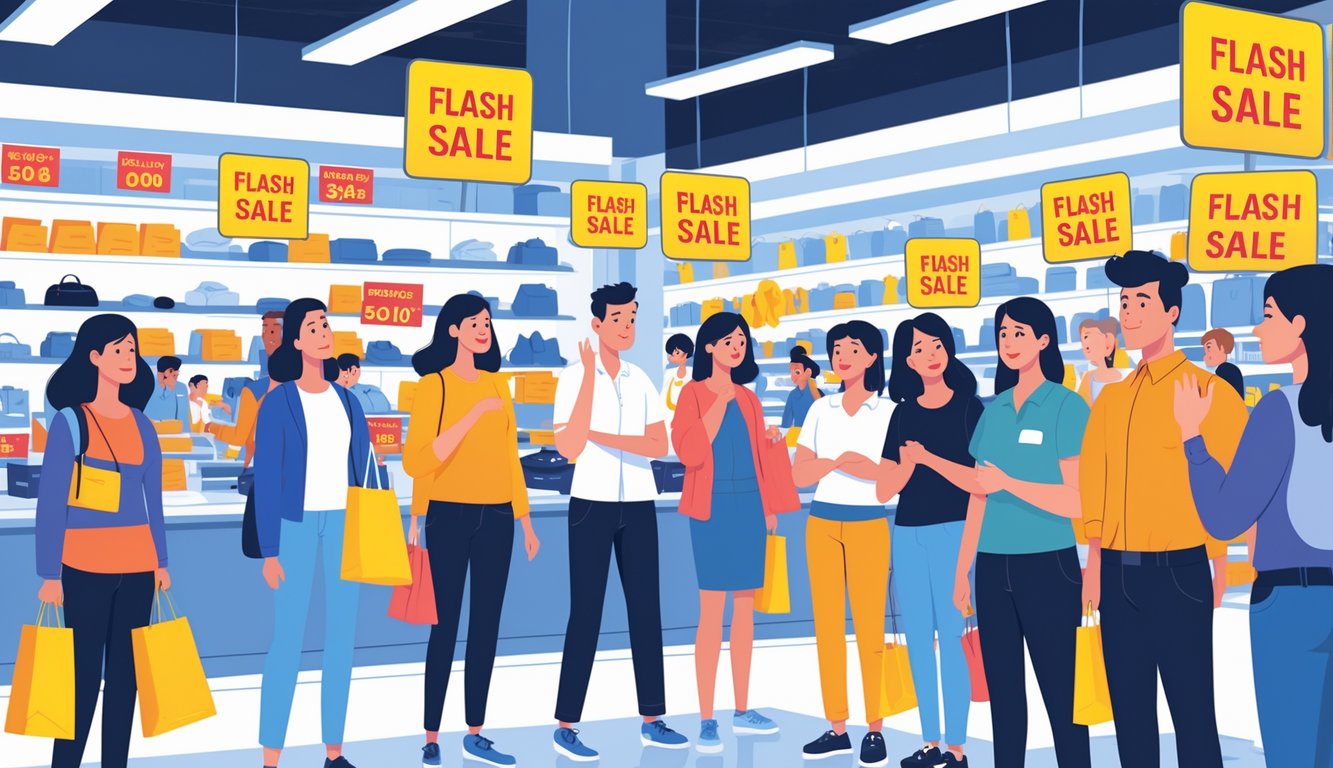 Shoppers looking disappointed in a store with empty shelves and employees explaining the lack of popular discounts.