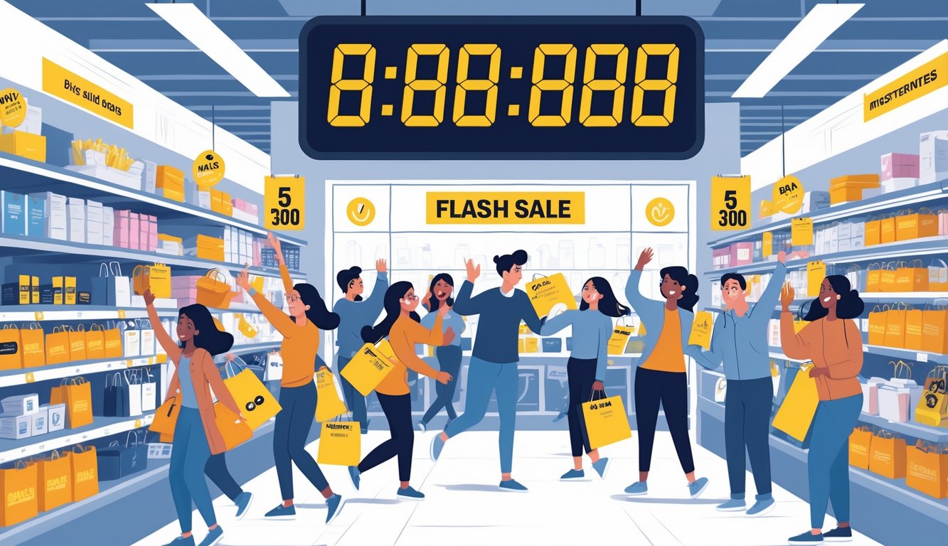 Shoppers in a busy store reacting with excitement and disappointment during a limited-time sale, with a countdown timer and empty shelves visible.