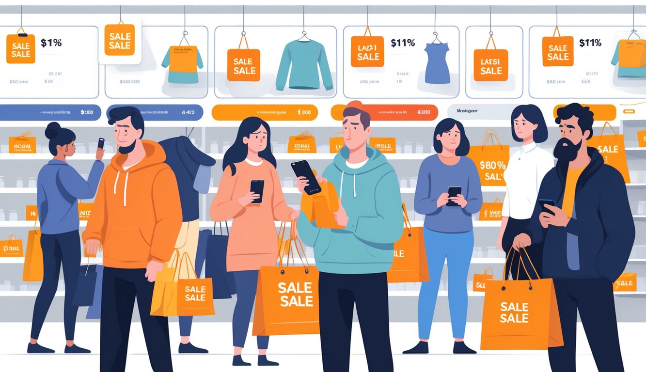 Shoppers looking disappointed as they encounter empty shelves and unavailable flash sale notifications in a busy store.