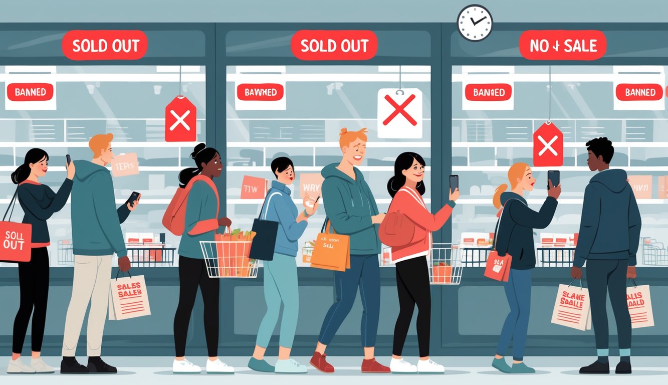 Shoppers looking disappointed in a busy store with empty shelves and signs indicating sales are banned or unavailable.