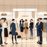 A boutique interior with well-dressed people quietly browsing high-quality clothing on racks and shelves.
