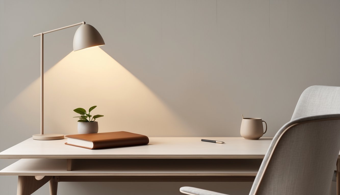 A minimalist workspace with a wooden desk, a chair, a notebook, a pen in a ceramic cup, a lamp, and a small potted plant.