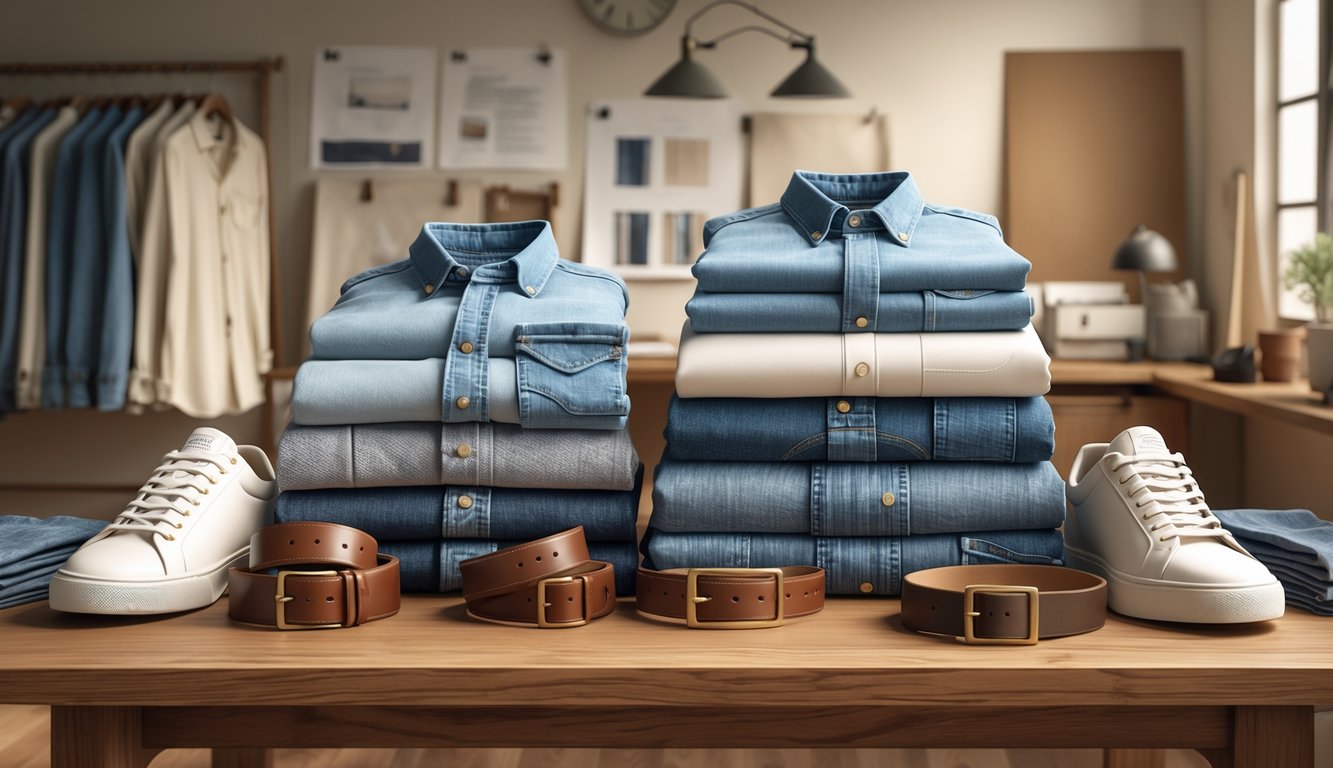 A neatly arranged collection of classic American clothing items on a wooden table with a workspace in the background.