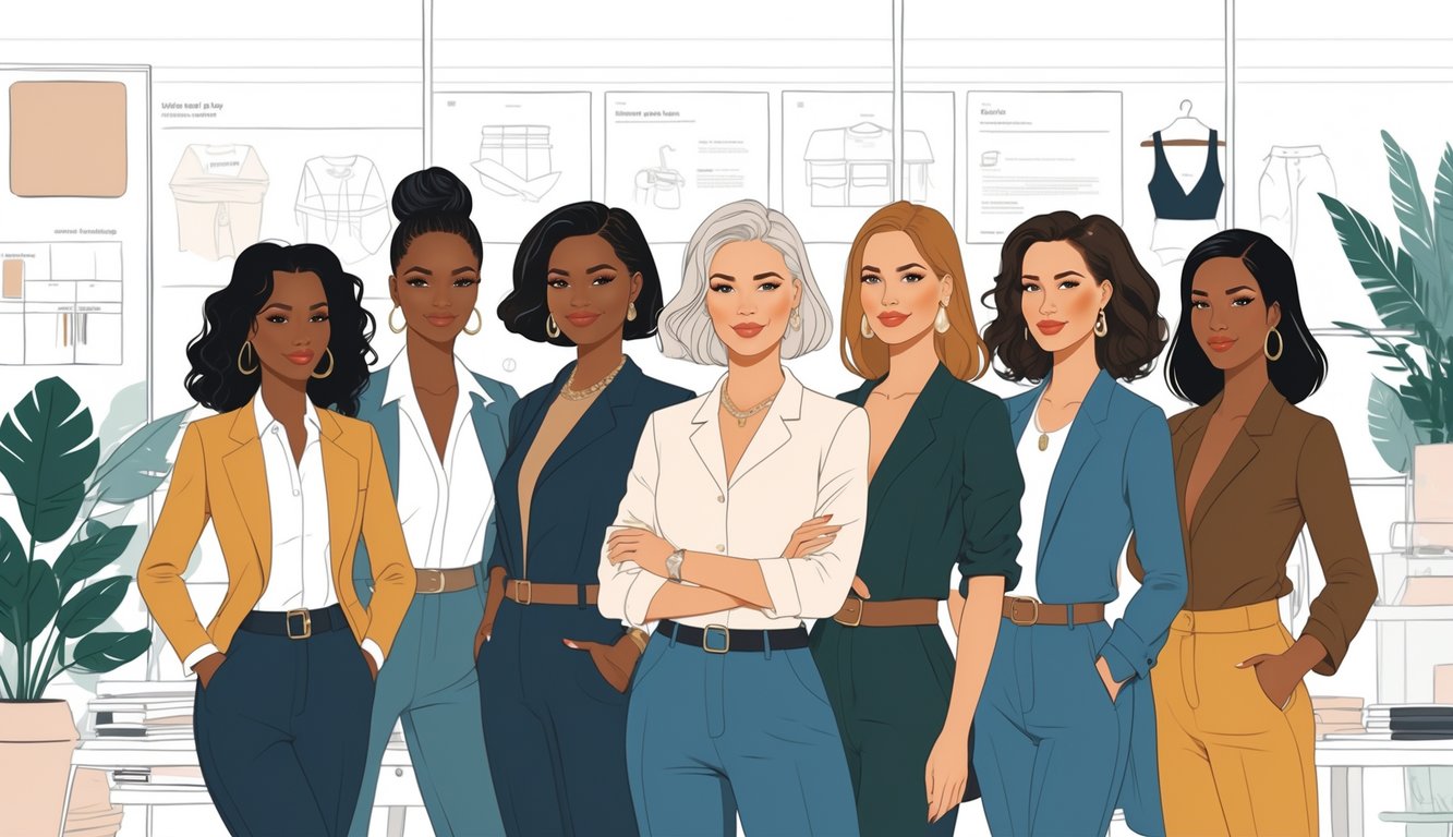 A group of diverse women standing together in a modern workspace surrounded by design elements and product displays.