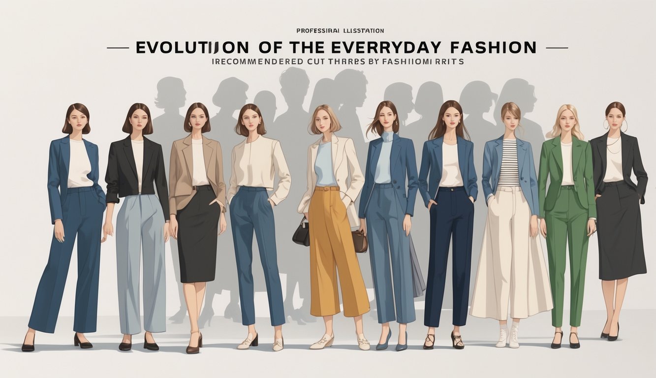 A group of people wearing different modern outfits that show various clothing cuts, standing in a studio with a background that fades from vintage to contemporary fashion styles.