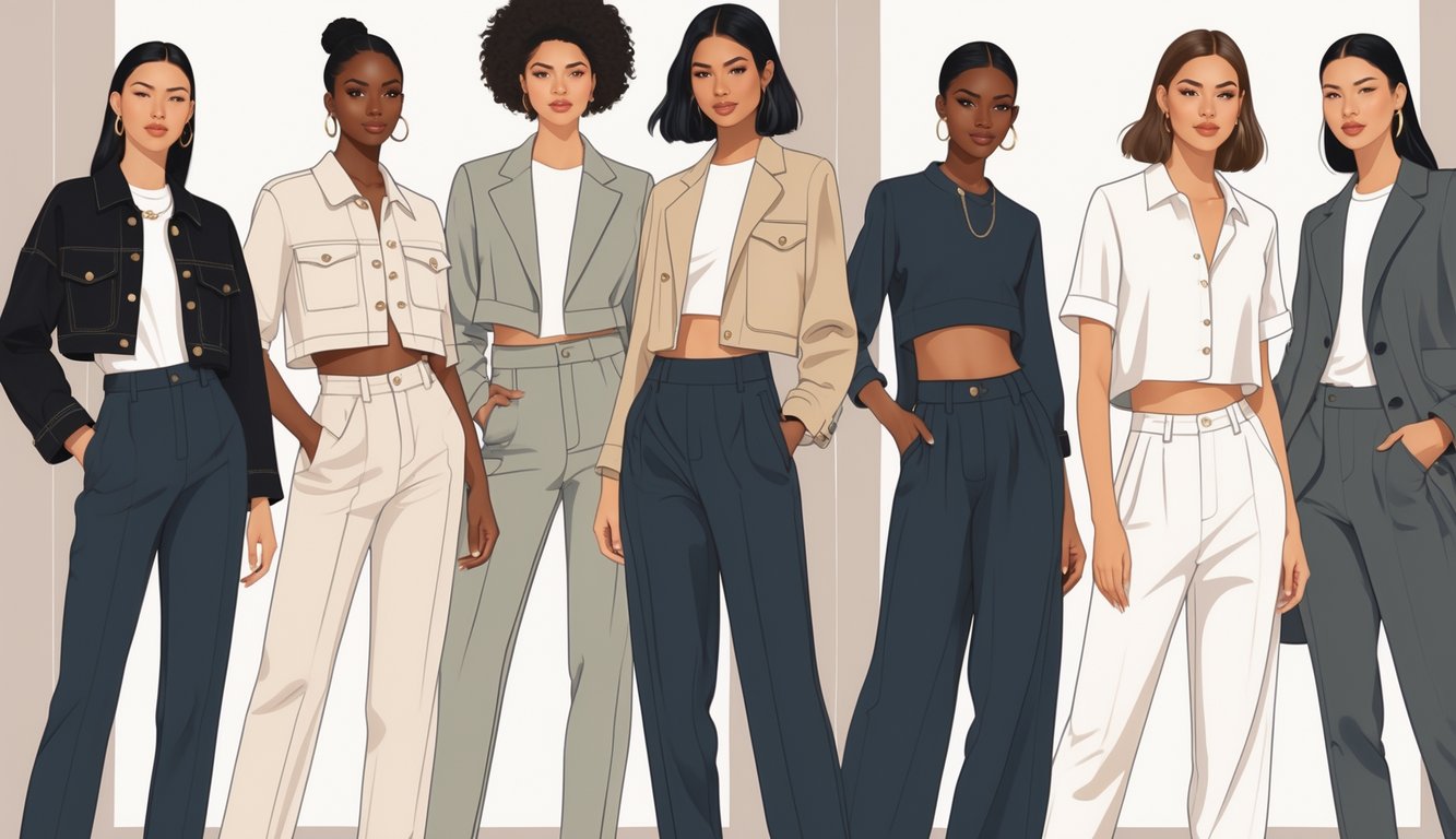 A group of diverse people wearing modern, well-fitted clothing cuts posing confidently in a simple studio setting.