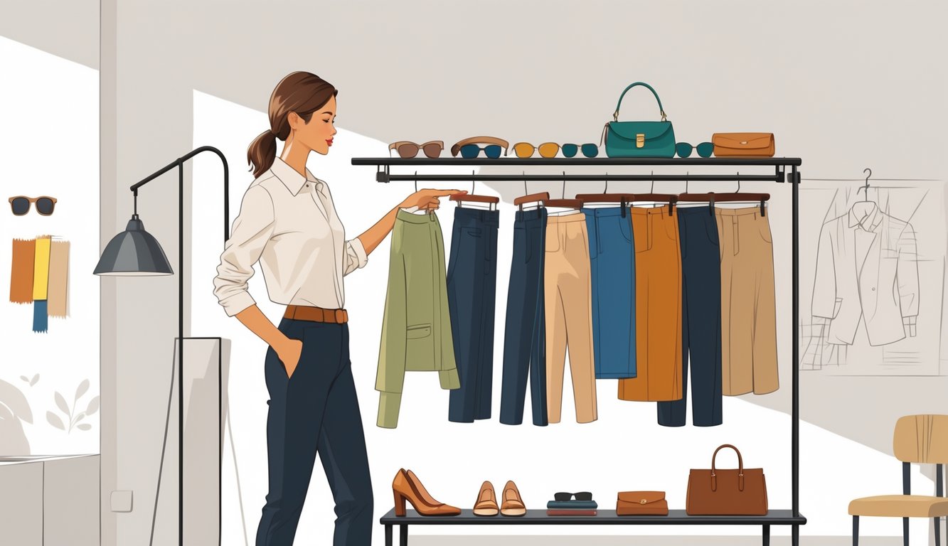 A fashion stylist arranging accessories and specific clothing cuts on a rack in a bright studio.
