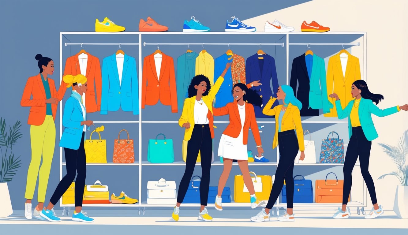 A diverse group of people selecting and trying on colorful clothing items from an open wardrobe filled with bright, unexpected fashion staples.