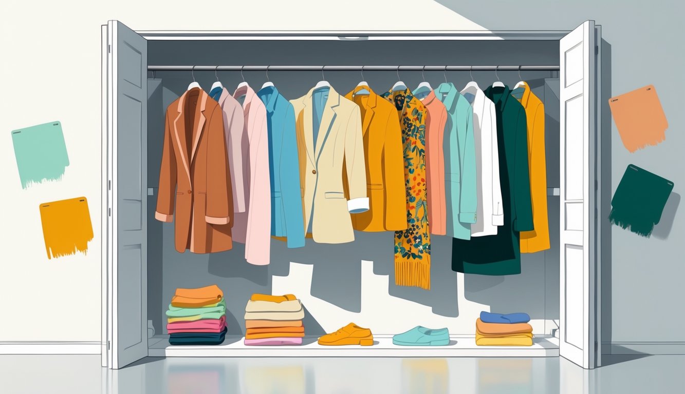 An open closet displaying colorful clothing items in various trending colors with a few standout pieces highlighted.