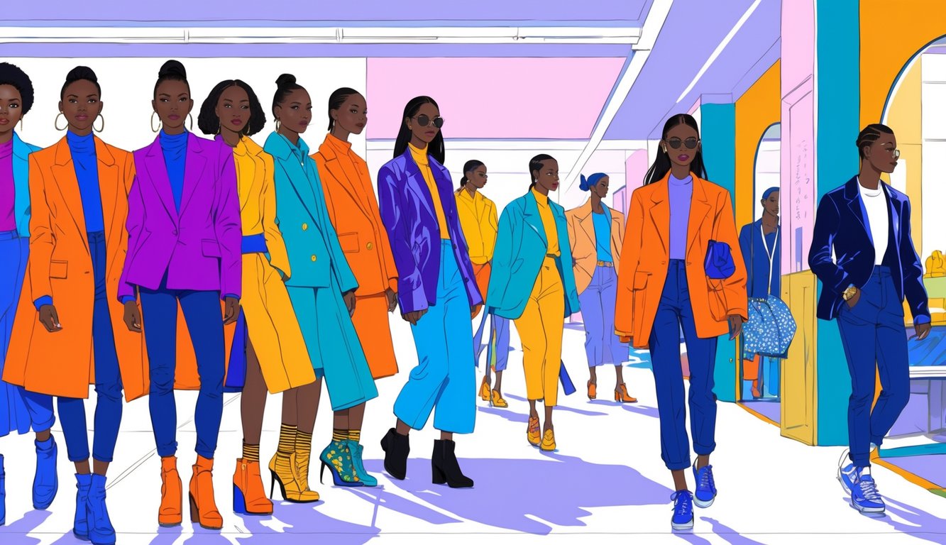 A fashion runway scene blending into a city street where people wear bold, colorful clothing inspired by runway trends.