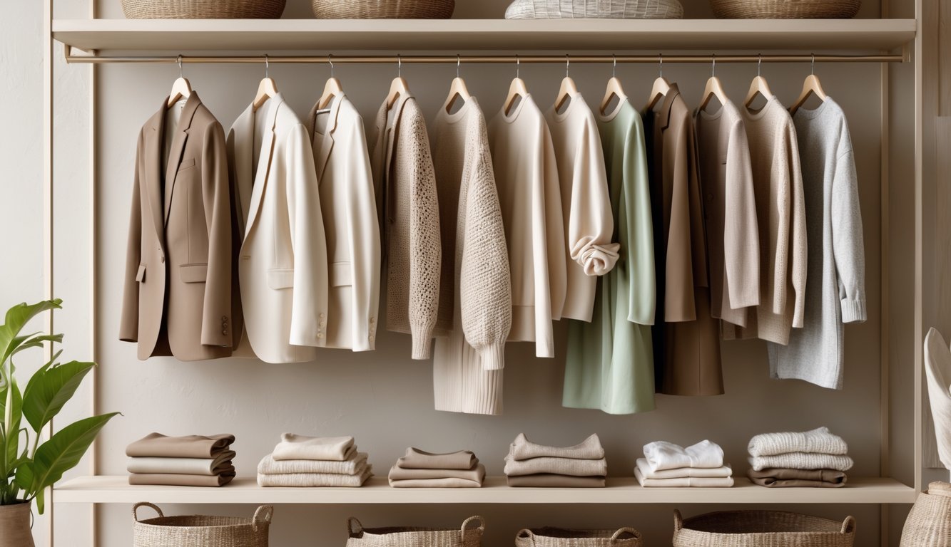 A neatly organized closet filled with clothing in neutral and earthy colors, including sweaters, blazers, dresses, and trousers.
