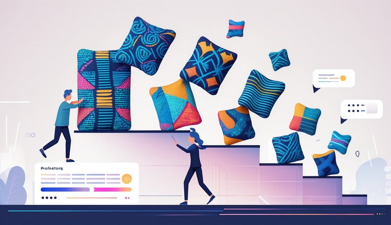 An illustration showing patterned shapes rising on a leaderboard, overtaking simpler everyday favorite icons, symbolizing a shift in popularity.