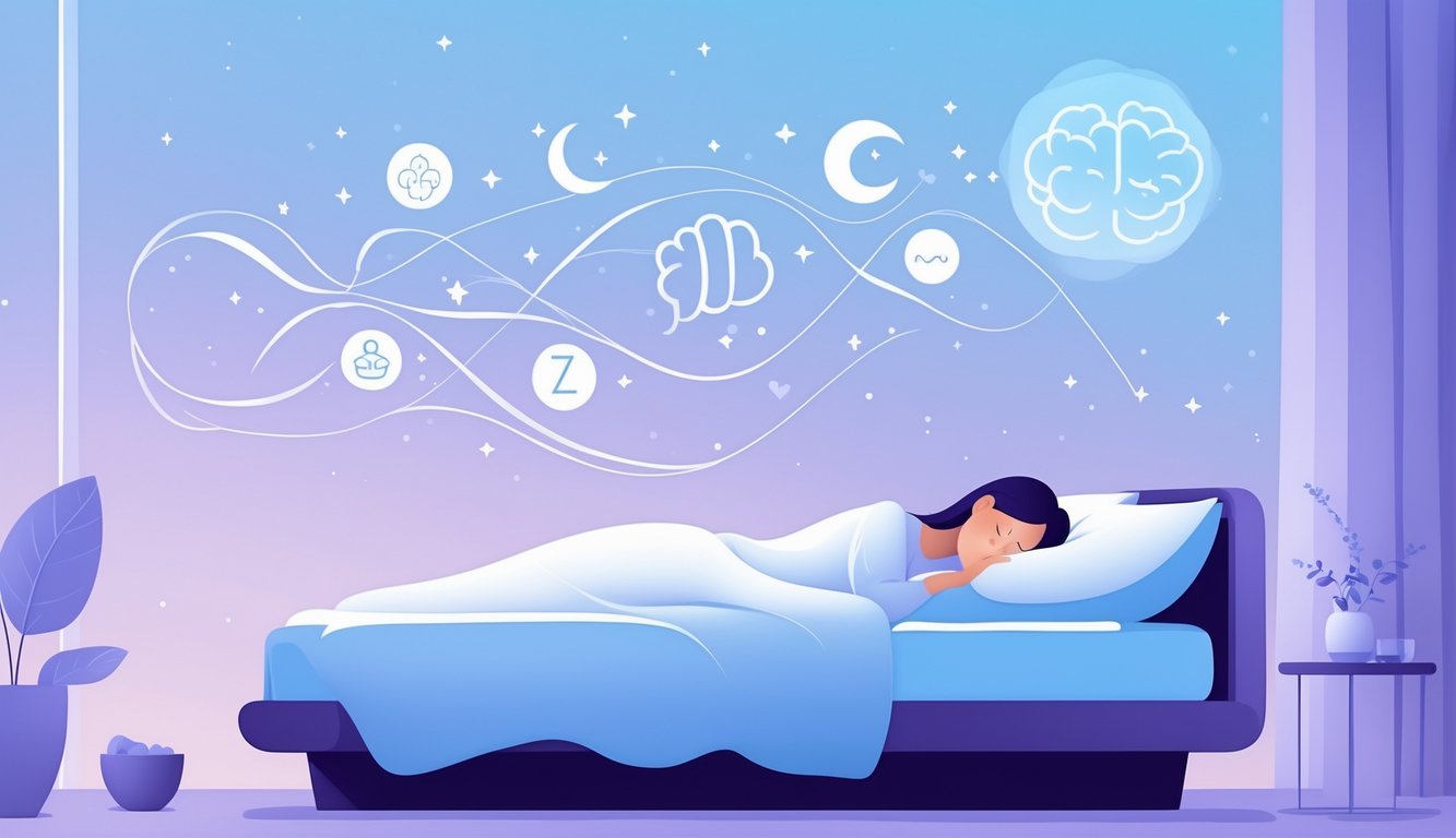 A person sleeping peacefully in a bedroom with symbols of sleep and mental health floating above them, connected by flowing patterns.
