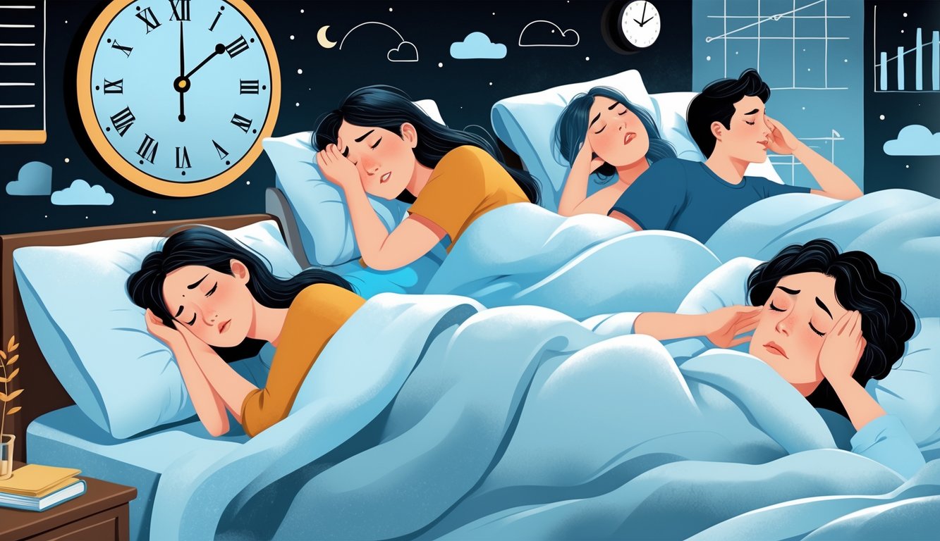 People experiencing different sleep problems in a bedroom, including difficulty falling asleep, restless tossing, and waking up tired.